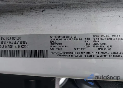 2020 Ram Promaster 1500 Low Roof 136 Wb из США, поврежденный, VIN 3C6TRVAG6LE130105